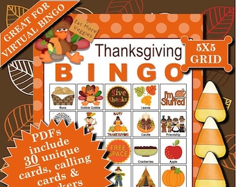 Thanksgiving 5x5 Bingo 30 printable PDFs (+ 30 JPEGS great for Virtual Bingo) contain everything you need to play Bingo.