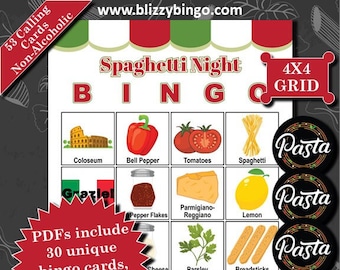 30 Spaghetti 4x4 Bingo Cards |  Instant Download  |  PDFs for Easy Printing  |  Calling Cards and Markers Included (Non-Alcoholic)