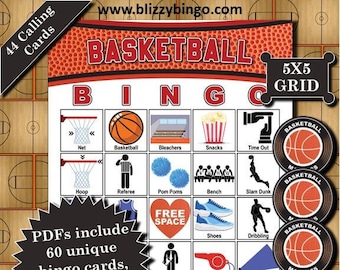 60 Basketball 5x5 Bingo Cards |  Instant Download  |  PDFs for Easy Printing  |  Calling Cards and Markers Included