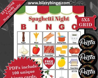 100 Spaghetti 5x5 Bingo Cards |  Instant Download  |  PDFs for Easy Printing  |  Calling Cards and Markers Included (Non-Alcoholic)