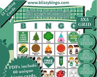 60 Girl Scouts 5x5 Bingo Cards |  Instant Download  |  PDFs for Easy Printing  |  Calling Cards and Markers Included