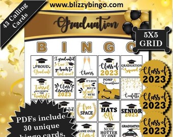 30 Carte Bingo 5x5 Laurea Nero e Oro 2023 / Download istantaneo / PDF per una facile stampa / Biglietti telefonici e pennarelli inclusi