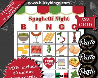 30 Spaghetti 5x5 Bingo Cards |  Instant Download  |  PDFs for Easy Printing  |  Calling Cards and Markers Included (Non-Alcoholic)