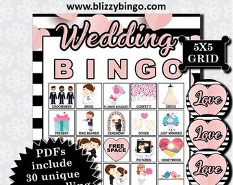 40 Wedding 5x5 Bingo Cards (Pink)  |  Instant Download  |  PDFs + JPEG Cards for Easy Emailing  |  Calling Cards and Markers Included