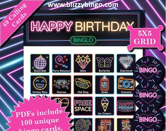 100 Neon Birthday 5x5 Bingo Cards |  Instant Download  |  PDFs for Easy Printing  |  Calling Cards and Markers Included