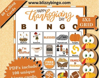 100 Thanksgiving 5x5 Bingo Cards |  Instant Download  |  PDFs for Easy Printing  |  Calling Cards and Markers Included