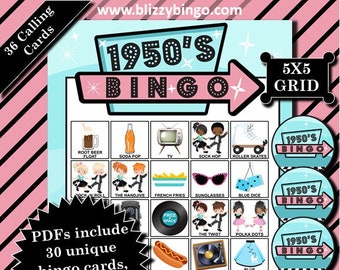 30 1950s 5x5 Bingo Cards | Instant Download | PDFs for Easy Printing | Calling Cards and Markers Included