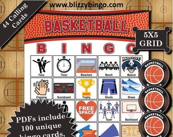 100 Basketball 5x5 Bingo Cards |  Instant Download  |  PDFs for Easy Printing  |  Calling Cards and Markers Included
