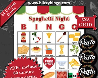 60 Spaghetti 5x5 Bingo Cards |  Instant Download  |  PDFs for Easy Printing  |  Calling Cards and Markers Included (Contains alcohol pics)