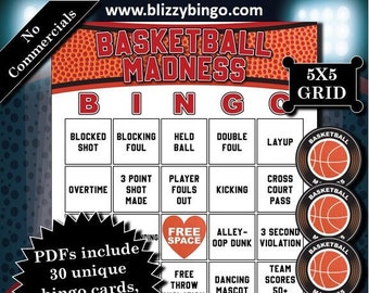 30 Basketball Madness 5x5 Bingo Cards (No Commercials)  |  Instant Download  |  PDFs for Easy Printing  |  Calling Cards & Markers Included