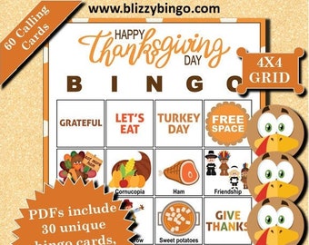 30 Thanksgiving 4x4 Bingo Cards |  Instant Download  |  PDFs for Easy Printing  |  Calling Cards and Markers Included