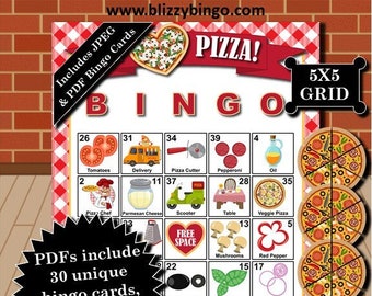 30 cartes de bingo Pizza Party + numéros 5x5 | Téléchargement instantané | PDF + cartes JPEG pour un envoi facile par e-mail | Cartes de visite et marqueurs inclus