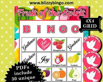 Fruit of the Spirit 4x4 Bingo printable PDFs contain everything you need to play Bingo.