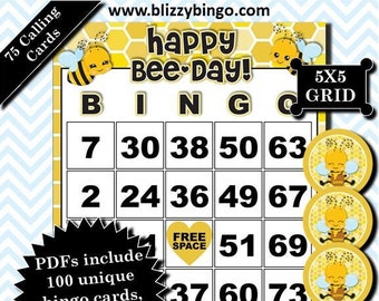 100 Happy Bee-Day 5x5 Bingo Cards |  Instant Download  |  PDFs for Easy Printing  |  Calling Cards and Markers Included