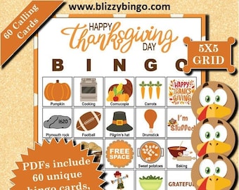 60 Thanksgiving 5x5 Bingo Cards |  Instant Download  |  PDFs for Easy Printing  |  Calling Cards and Markers Included