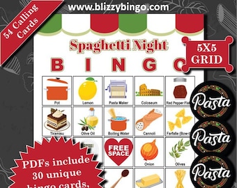 30 Spaghetti 5x5 Bingo Cards |  Instant Download  |  PDFs for Easy Printing  |  Calling Cards and Markers Included (Contains alcohol pics)