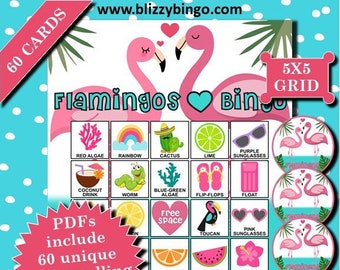 60 cartelle del bingo Flamingos Love Bingo 5x5 / Download immediato / PDF per una facile stampa / Biglietti da visita e pennarelli inclusi