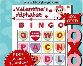 Valentine's Alphabet 4x4 Bingo printable PDFs contain everything you need to play Bingo.