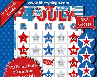 30 July 4th 5x5 Bingo Cards |  Instant Download  |  PDFs for Easy Printing  |  Calling Cards and Markers Included