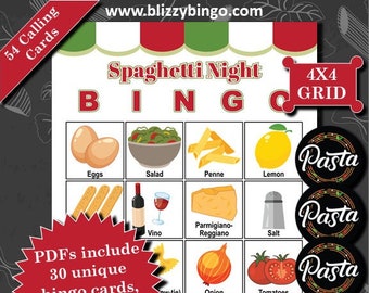 30 Spaghetti 4x4 Bingo Cards |  Instant Download  |  PDFs for Easy Printing  |  Calling Cards and Markers Included (Contains alcohol pics)