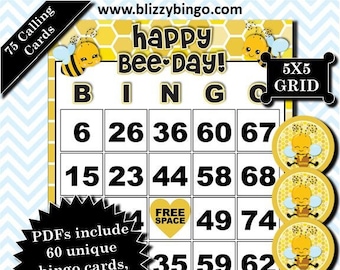 60 Happy Bee-Day 5x5 Bingo Cards |  Instant Download  |  PDFs for Easy Printing  |  Calling Cards and Markers Included