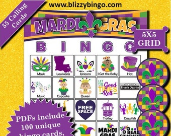 100 Mardi Gras 5x5 Bingo Cards |  Instant Download  |  PDFs for Easy Printing  |  Calling Cards and Markers Included