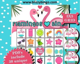 30 cartelle del bingo Flamingos Love Bingo 5x5 / Download immediato / PDF per una facile stampa / Biglietti da visita e pennarelli inclusi