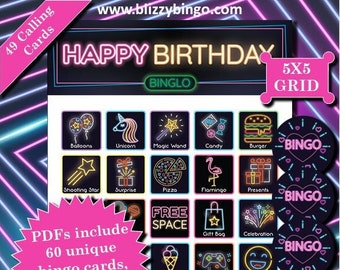 60 Neon Birthday 5x5 Bingo Cards |  Instant Download  |  PDFs for Easy Printing  |  Calling Cards and Markers Included