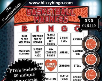 60 Basketball Madness 5x5 Bingo Cards (No Commercials)  |  Instant Download  |  PDFs for Easy Printing  |  Calling Cards & Markers Included