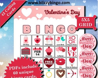 60 Valentine's Day 5x5 Bingo Cards |  Instant Download  |  PDFs for Easy Printing  |  Calling Cards and Markers Included