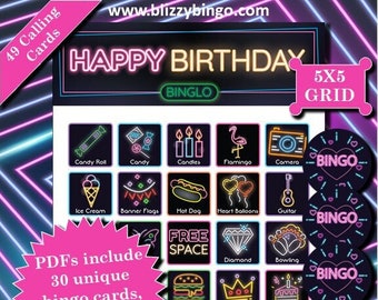 30 cartes de bingo 5 x 5 anniversaire néon | Téléchargement instantané | PDF pour une impression facile | Cartes de visite et marqueurs inclus