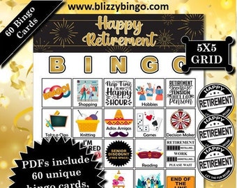 60 Retirement (Female) 5x5 Bingo Cards |  Instant Download  |  PDFs for Easy Printing  |  Calling Cards and Markers Included