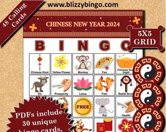 30 Chinese New Year 2024 5x5 Bingo Cards |  Instant Download  |  PDFs for Easy Printing  |  Calling Cards and Markers Included