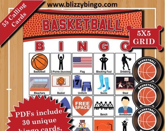 30 Basketball V2 5x5 Bingo Cards |  Instant Download  |  PDFs for Easy Printing  |  Calling Cards and Markers Included