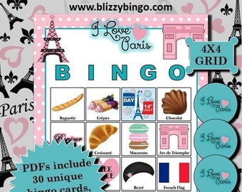 30 I LOVE PARIS 4x4 Bingo Cards |  Instant Download  |  PDFs for Easy Printing  |  Calling Cards and Markers Included