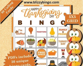 30 Thanksgiving 5x5 Bingo Cards |  Instant Download  |  PDFs for Easy Printing  |  Calling Cards and Markers Included