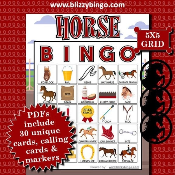 30 Horse 5x5 Bingo Cards (Racetrack)  |  Instant Download  |  PDF Files U-Print  |  Calling Cards and Markers Included