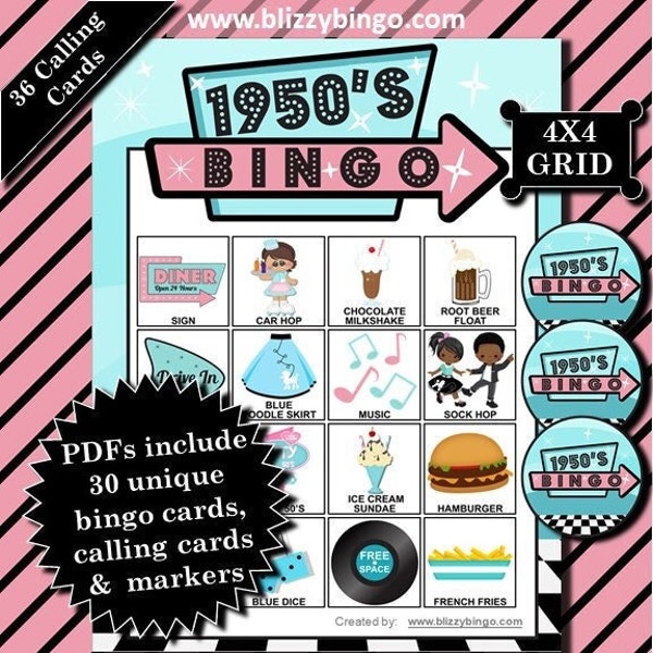 30 1950s 4x4 Bingo Cards |  Instant Download  |  PDFs for Easy Printing  |  Calling Cards and Markers Included