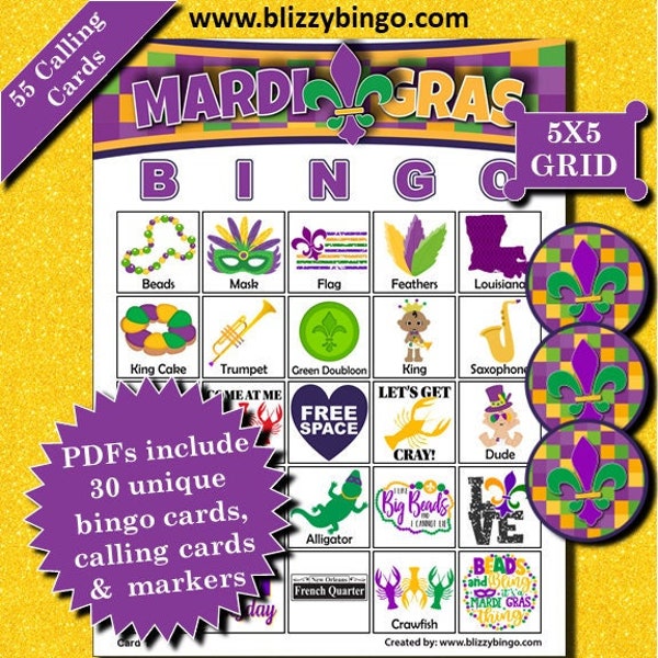 30 Mardi Gras 5x5 Bingo Cards |  Instant Download  |  PDFs for Easy Printing  |  Calling Cards and Markers Included