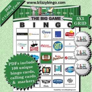 2026 Big Game Commercial Bingo (100 Cards) – Printable Party Game + Markers | Instant Download
