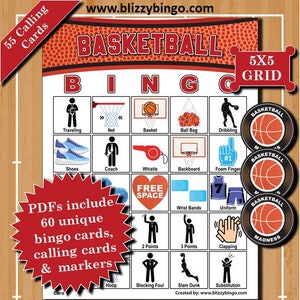 60 cartes de bingo 5 x 5 Basketball V2 Téléchargement instantané PDF pour une impression facile Cartes de visite et marqueurs inclus image 1