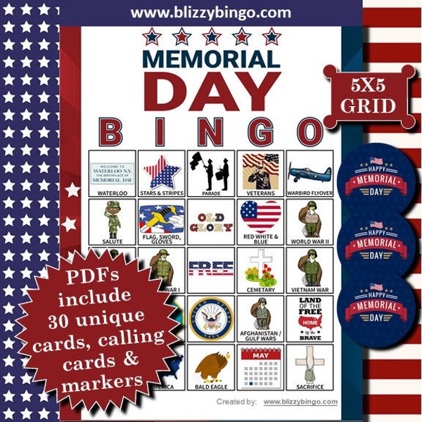 Memorial Day 5x5 Bingo printable PDFs contain everything you need to play Bingo.