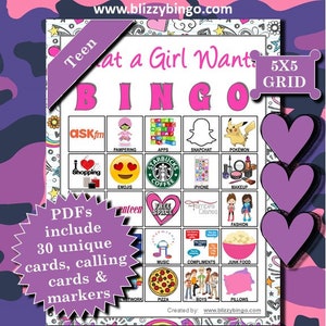 What a Girl Wants (Teenager) 5x5 Bingo printable PDFs contain everything you need to play Bingo.