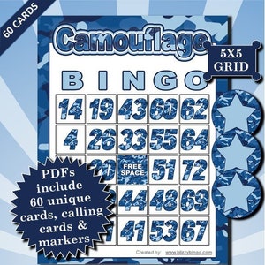 Camouflage Blue 60 Cards Classic 5x5 Bingo druckbare PDFs enthalten alles, was Sie zum Spielen von Bingo benötigen.