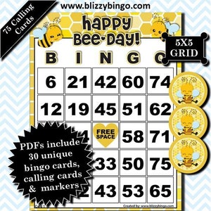 30 tarjetas de bingo Happy Bee-Day 5x5 / Descarga instantánea / Archivos PDF para imprimir fácilmente / Tarjetas telefónicas y marcadores incluidos