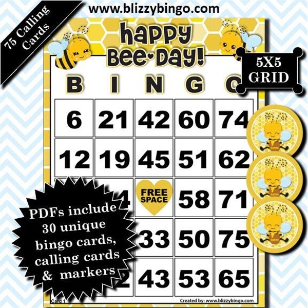 30 Happy Bee-Day 5x5 Bingo Cards |  Instant Download  |  PDFs for Easy Printing  |  Calling Cards and Markers Included