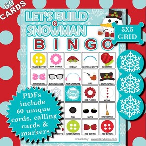 Construisons un bonhomme de neige 5x5 60 Card Bingo Les PDF imprimables contiennent tout ce dont vous avez besoin pour jouer au bingo.