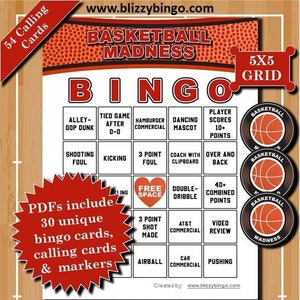 30 Basketball Madness 5x5 Bingo Cards |  Instant Download  |  PDFs for Easy Printing  |  Calling Cards and Markers Included
