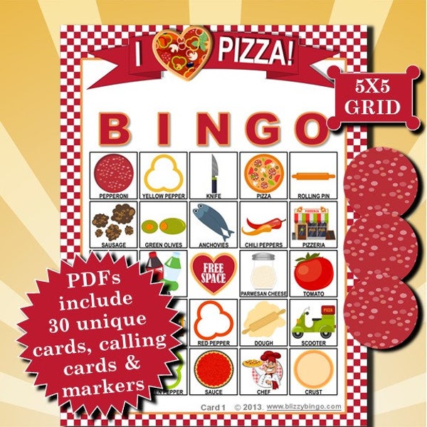 Pizza Party 5x5 Bingo printable PDFs contain everything you need to play Bingo.