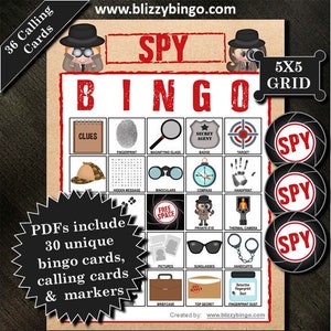 30 Spy 5x5 bingokaarten | Direct downloaden | PDF's voor eenvoudig afdrukken | Telefoonkaarten en markeringen inbegrepen